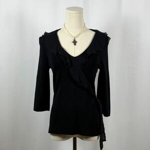 Cable & Gauge Black Sheer Ruffle Wrap Knit Sweater Top Womens Size S